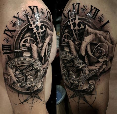 Clock, Sundial Compass & Rose, Mens Shoulder Piece | Best tattoo design ideas