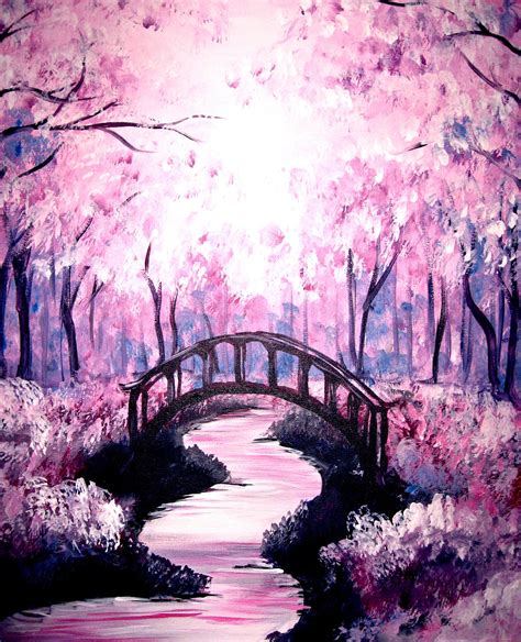 Paint Nite - Bridge under the Cherry Blossoms | Beginner painting, Art painting, Painting