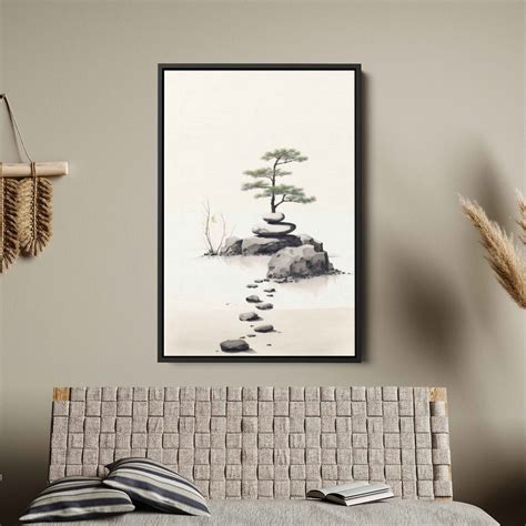 Japanese Zen Garden Watercolor Painting, Framed Canvas Print, Ready to Hang, Minimalist Japanese ...