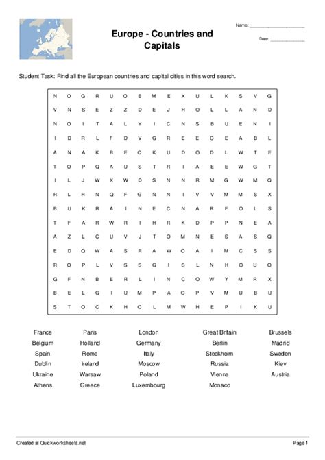 Europe - Countries and Capitals - Wordsearch - Quickworksheets