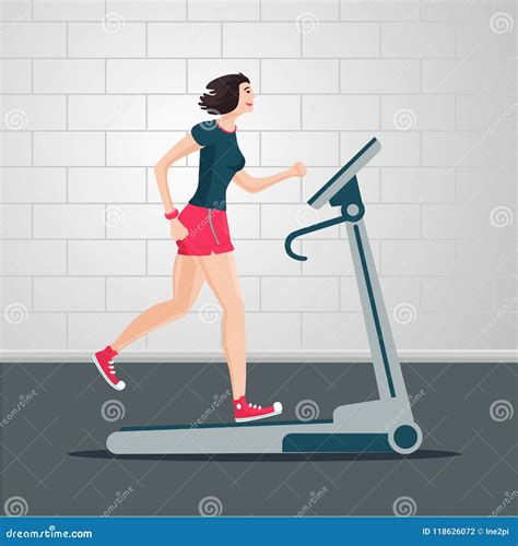 Young Woman is Running on a Treadmill. Indoor Exercise Cartoon Flat Illustration. Sport People ...