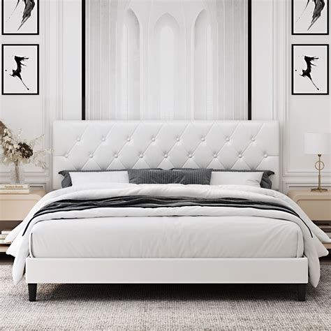 Homfa King Bed Frame, White Faux Leather Upholstered Button Tufted Low Profile Platform Bed ...