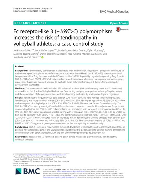 (PDF) Fc receptor-like 3 (-169T>C) polymorphism increases the risk of tendinopathy in volleyball ...