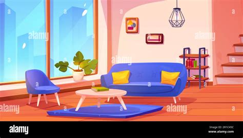 House living room near stair cartoon background. Hall home apartment indoor furniture design ...