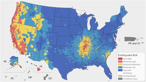 Map of the United States by highest risk for an earthquake (source ...