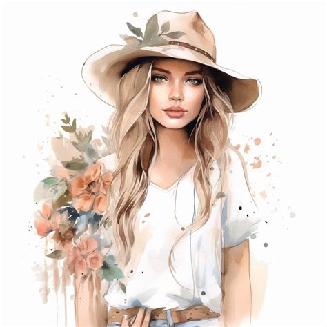 Country Girl Watercolor, Boho Girls clipart, wide, Digital Watercolor Illustration Girl, Girl ...