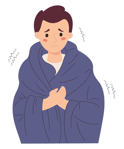 Unhappy man wrapped in blanket, freezing and trembling. Cartoon flat vector illustration. Winter ...