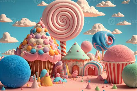 3D Render, Fantasy Colorful Candyland Background With Cupcake, Candies ...