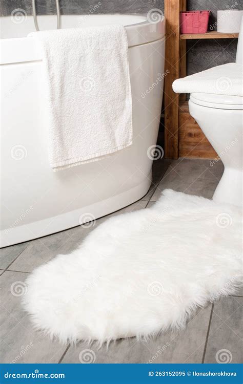 Fluffy White Rug in Ordinary Bathroom, Mockup Design Stock Image ...