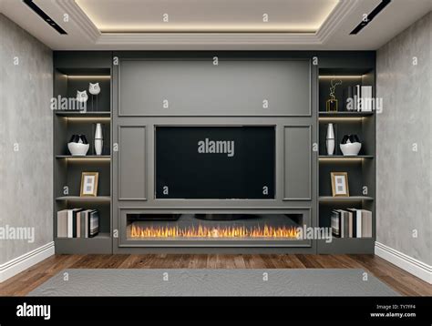 Modern interior design of living room in basement, close up view of tv wall with book shelves ...