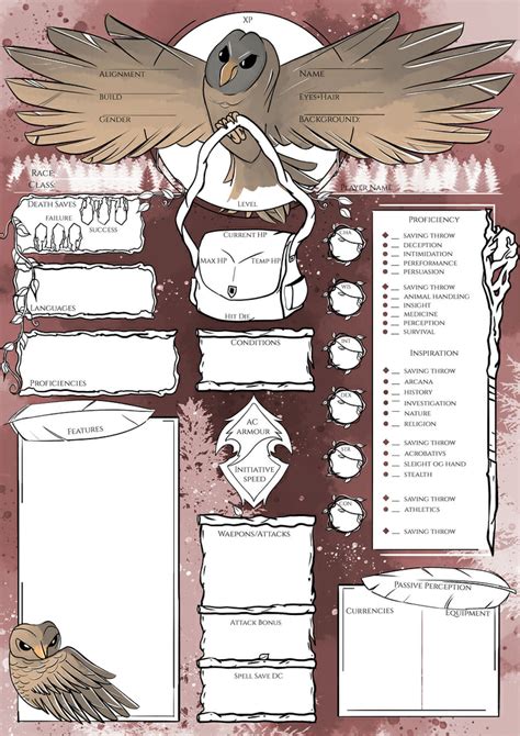 Owl Dnd Character Sheets D&D 5e Ttrpg Printable Dnd Dnd - Etsy