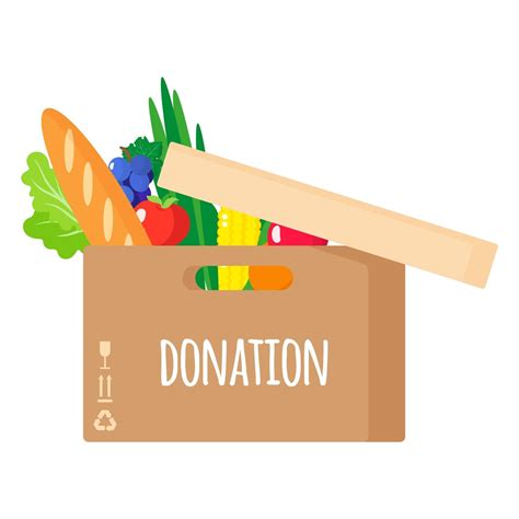 Vector cartoon illustration of donation cardboard box with healthy organic food isolated on ...