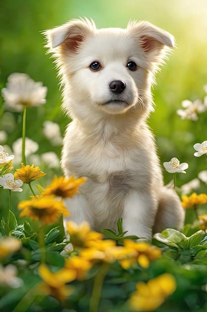 Premium AI Image | cute dog cute little dog among the flowers