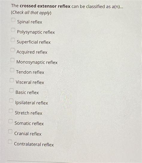 Solved The crossed extensor reflex can be classified as | Chegg.com