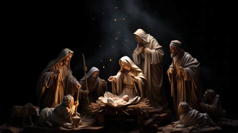 A miniature Nativity scene displays intricately sculpted figures gathered around baby Jesus ...