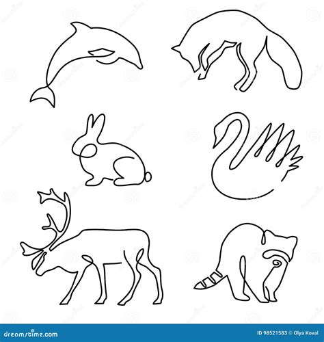 One Line Animals Set, Logos Vector Stock Illustration With Fox, Wolf ...