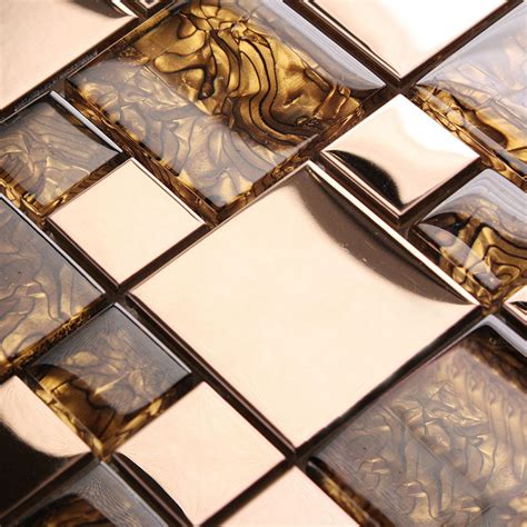 Gold Stainless Steel & Glass Blend Mosaic Sheets Crystal Glass Patterns Metal Backsplash ...