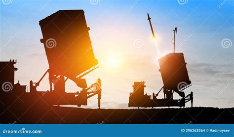 Israel S Iron Dome Air Defense Missile Launches. the Missiles are Aimed at the Sky at Sunset ...