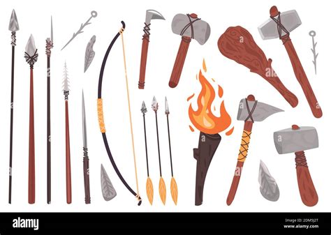 Primitive culture tools. Stone age stone or wooden weapon, hammer, spear, axe, fire torch ...