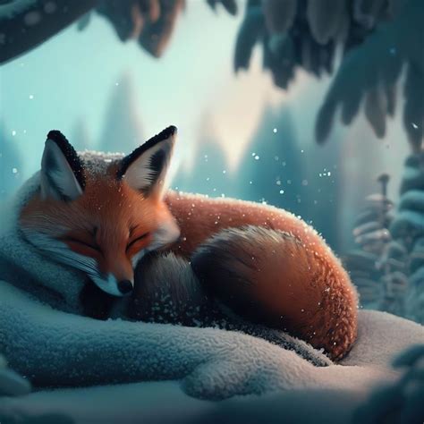 Premium AI Image | A fox sleeping in the snow with snow on it