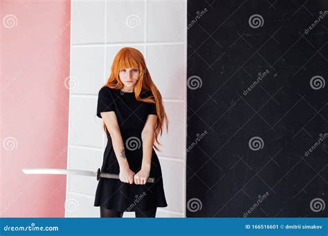 Woman Anime with Red Hair with Japanese Samurai Sword Stock Image - Image of adult, long: 166516601