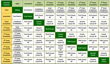 This family history chart explains 2nd cousins, 1st cousins once removed etc