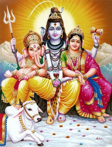 Shiva, Parvati, Ganesha with Nandi - Poster - 11 x 9 inches - Unframed