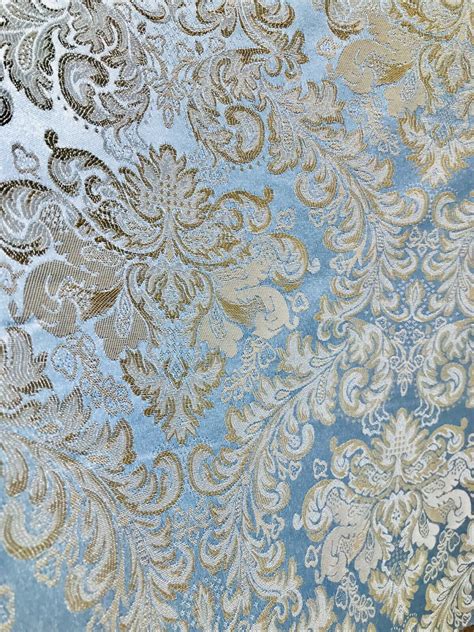 NEW! Designer Brocade Satin Fabric- Blue And Gold- Upholstery Damask | www.fancystylesfabric.com