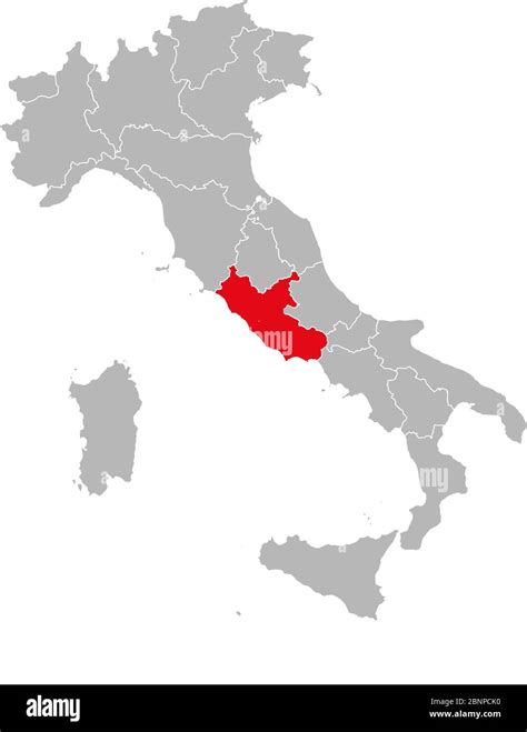 Lazio roma provincia resaltado en rojo en el mapa de italia. Fondo gris ...