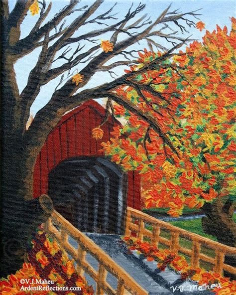 Autumn Tree, Fall Tree, Autumn Home Decor, Covered Bridge Art, Acrylic Painting, Covered Bridge ...