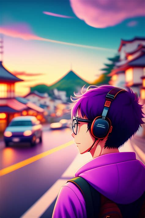 Lexica - Anime boy, glasses, listening to music in cycle in the street of rural Japaneses city ...