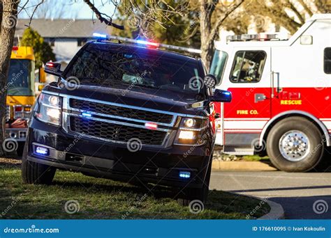 Police Car with Sirens and Lights on during Emergency Service Stock Image - Image of protection ...