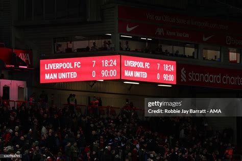 The LED Scorebaord showing the scoreline of Liverpool 7-0 Manchester ...