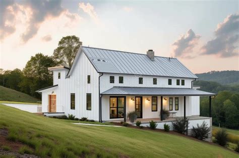 Modern Farmhouse with Metal Roof and White Exterior, Built on a Scenic Hillside Stock ...