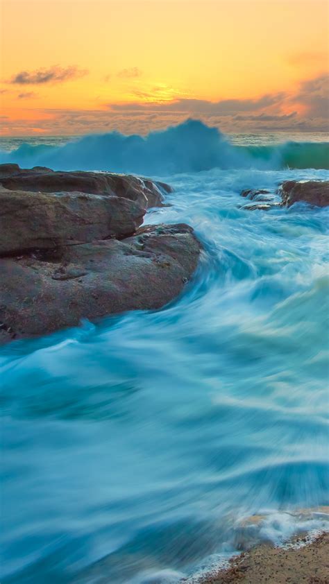 Ocean Waves Wallpaper 4K, Seascape, Blue Water, Rocks