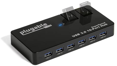 Plugable Driverless USB Hub, 10 Port - USB 3.0 5Gbps with 48W Power Adapter and Two Flip-Up ...