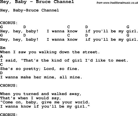 Song Hey, Baby by Bruce Channel, song lyric for vocal performance plus accompaniment chords for ...