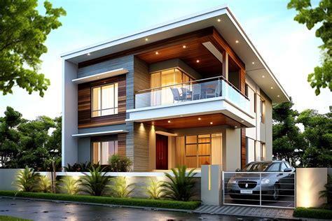 Beautiful modern house exterior with carport. Modern residential district and minimalist ...