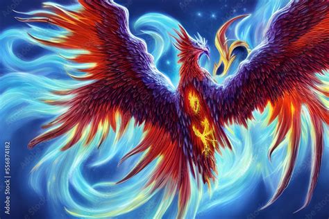 Mythological symbol of rebirth. Phoenix with burning wings and tail. Fantasy firebird ...