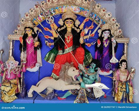 Bengali Idol Of Goddess Mahishasura Mardini Placed Inside A Pandal Temple During Hindu Festival ...