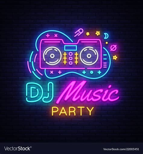 Dj music neon sign night party design Royalty Free Vector