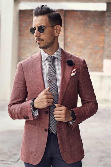 Mens Fashion: Dusty Pink blazer, Purple pants, plaid tie, check shirt, black double monk shoes ...