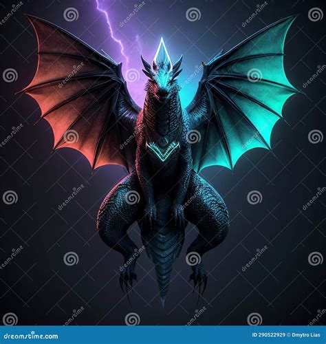 A Blue Dragon with Glowing Wings and a Tail is Standing on a Dark ...