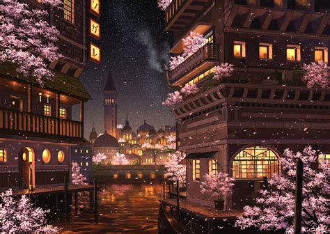 Anime Night City with Cherry Blossoms HD Wallpaper by ぺい