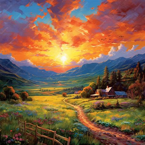 Premium AI Image | A painting of a country road with a sunset in the ...