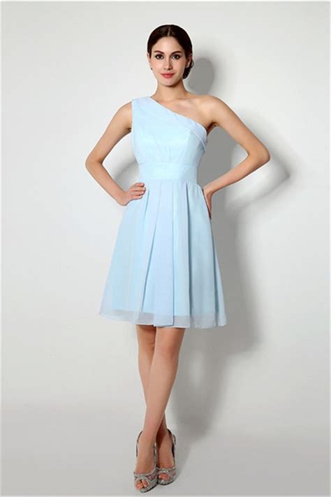 A Line One Shoulder Short Light Blue Chiffon Bridesmaid Party Dress