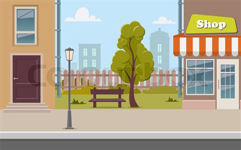 Cute cartoon town street with a shop, tree, bench, fence, street lamp. City street background ...