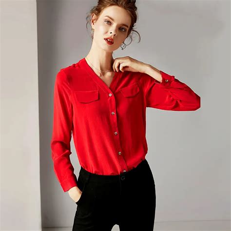 Blouse Women Red Shirt 100% Silk Elegant Design V Neck Long Sleeve Graceful Style New Fashion ...