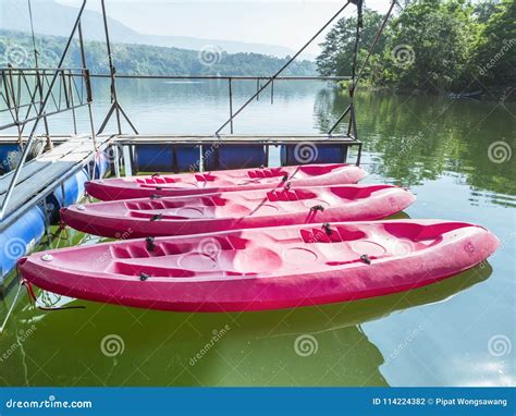 Three Pink Kayaks Park in the Reservoir Stock Photo - Image of canoe, background: 114224382