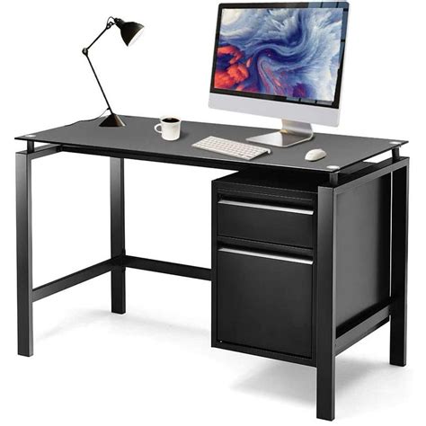 Home Office Desk Steel Writing Computer Desks Glass Top with Storage ...